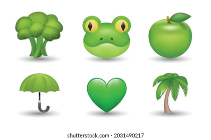 6 Emoticon isolated on White Background. Isolated Vector Illustration. Broccoli, frog, green heart, palm, umbrella, apple vector emoji Illustration. Set of 3d objects Illustration in green color. 