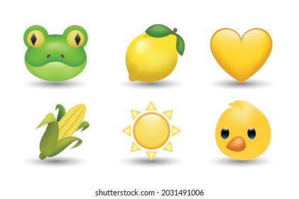 6 Emoticon isolated on White Background. Isolated Vector Illustration. Frog, lemon, yellow heart, corn, sun, chicken vector emoji Illustration. Set of 3d objects Illustration in yellow color. 