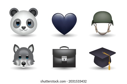 6 Emoticon isolated on White Background. Isolated Vector Illustration. Panda, heart, helmet, wolf, briefcase, bachelor cap vector emoji Illustration. Set of 3d objects Illustration in black color svg