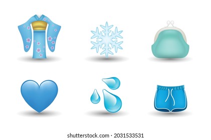 6 Emoticon isolated on White Background. Isolated Vector Illustration. Dress, snowflake, purse, blue heart, water drop, shorts vector emoji Illustration. Set of 3d objects Illustration in blue color. svg