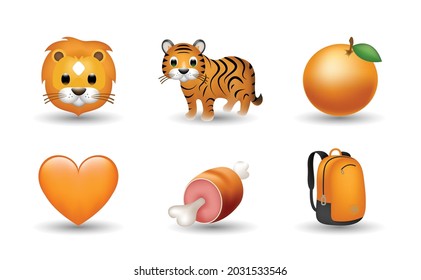 6 Emoticon isolated on White Background. Isolated Vector Illustration. Lion, tiger, orange, orange heart, meat, backpack vector emoji Illustration. Set of 3d objects Illustration in orange color.