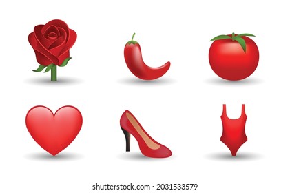 6 Emoticon isolated on White Background. Isolated Vector Illustration. Red rose, pepper, tomato, heart, high heel shoe, swimsuit vector emoji Illustration. Set of 3d objects Illustration in red color.