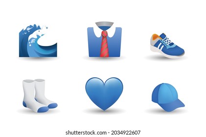 6 Emoticon isolated on White Background. Isolated Vector Illustration. Wave, shirt with a tie, sneaker, socks, blue heart, summer hat vector emoji illustration Set of 3d Illustration in blue color.