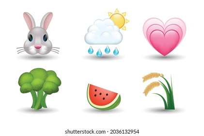 6 Emoticon isolated on White Background. Isolated Vector Illustration. Rabbit, cloud with sun and raindrop, broccoli, watermelon, hanging rice ears vector emoji Illustration. 3d Illustration set.