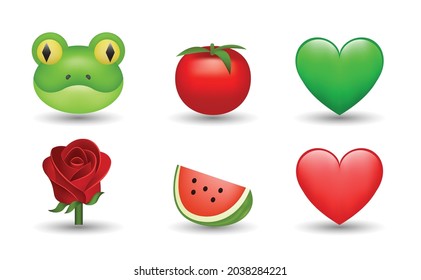 6 Emoticon isolated on White Background. Isolated Vector Illustration. Frog, tomato, green heart, red heart, red rose, watermelon vector emoji Illustration. 3d Illustration set.