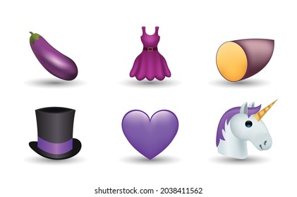 6 Emoticon isolated on White Background. Isolated Vector Illustration. Eggplant, party dress, magic hat, purple heart, unicorn vector emoji Illustration. Set of 3d objects Illustration.