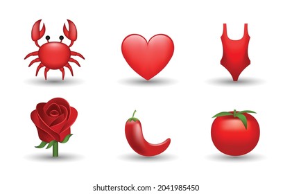 6 Emoticon isolated on White Background. Isolated Vector Illustration. Crab, tomato, swimwear, red heart, red rose, tomato vector emoji Illustration. 3d Illustration set.