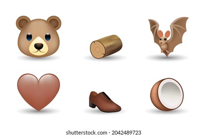 6 Emoticon isolated on White Background. Isolated Vector Illustration. Bear, wood log, bat, brown heart, shoes, coconut vector emoji Illustration. 3d Illustration set.