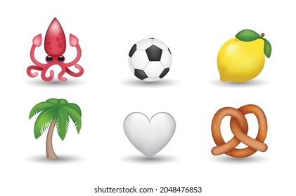 6 Emoticon isolated on White Background. Isolated Vector Illustration. Octopus, volleyball ball, lemon, white heart, palm tree, pretzel vector emoji Illustration. 3d Illustration set.