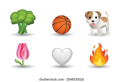 6 Emoticon isolated on White Background. Isolated Vector Illustration. Broccoli, basketball ball, dog, white heart, tulip, flame vector emoji Illustration. 3d Illustration set.