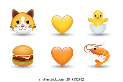 6 Emoticon isolated on White Background. Isolated Vector Illustration. Cat, hamburger, shrimp, yellow and orange heart, baby chicken with broken egg, vector emoji Illustration. 3d Illustration set.