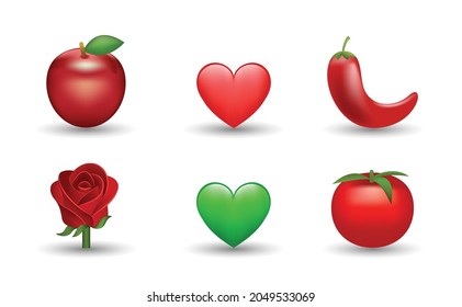 6 Emoticon isolated on White Background. Isolated Vector Illustration. Apple, pepper, red rose, red and green heart, tomato vector emoji Illustration. 3d Illustration set.