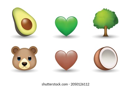 6 Emoticon aislado en fondo blanco. Ilustración de vectores aislados. Aguacate, árbol, oso, corazón marrón y verde, emoticono vector de coco Ilustración. 3d Conjunto de ilustraciones.