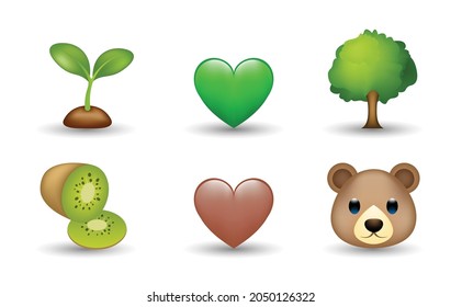 6 Emoticon isolated on White Background. Isolated Vector Illustration. Kiwi, tree, bear, brown and green heart, plant vector emoji Illustration. 3d Illustration set.