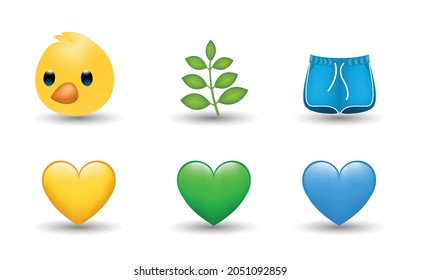 6 Emoticon isolated on White Background. Isolated Vector Illustration. Blue, yellow and green heart, leaves, shorts, chicken vector emoji Illustration. 3d Illustration set.