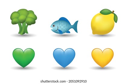 6 Emoticon isolated on White Background. Isolated Vector Illustration. Blue, yellow and green heart, blue fish, lemon, broccoli vector emoji Illustration. 3d Illustration set.