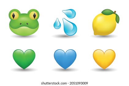 6 Emoticon isolated on White Background. Isolated Vector Illustration. Blue, yellow and green heart, water drop, lemon, frog vector emoji Illustration. 3d Illustration set.