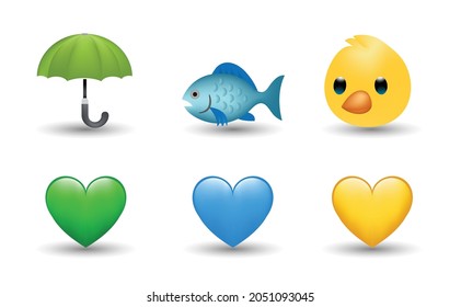 6 Emoticon isolated on White Background. Isolated Vector Illustration. Blue, yellow and green heart, blue fish, umbrella, chicken vector emoji Illustration. 3d Illustration set.