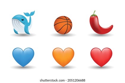 6 Emoticon isolated on White Background. Isolated Vector Illustration. Blue, red and orange heart, basketball ball, blue whale, pepper vector emoji Illustration. 3d Illustration set.