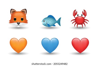 6 Emoticon isolated on White Background. Blue, red and orange heart, fox, blue fish, crab vector emoji Illustration. 3d Illustration set.