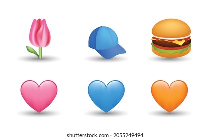 6 Emoticon isolated on White Background. Isolated Vector Illustration. Blue, pink and orange heart, hamburger, cap, tulip vector emoji Illustration. 3d Illustration set.