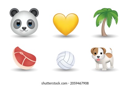 6 Emoticon isolated on White Background. Meat, volleyball ball, panda, yellow heart, dog, palm vector emoji Illustration. 3d Illustration set.