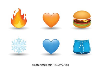6 Emoticon isolated on White Background. Isolated Vector Illustration. Hamburger, fire flame, orange and blue heart, snowflake, shorts vector emoji Illustration. 3d Illustration set.