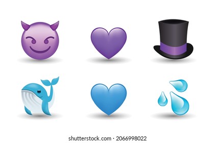 6 Emoticon Isolated On White Background. Isolated Vector Illustration. Magic Hat, Blue Whale, Blue And Violet Heart, Water Drop, Devil Vector Emoji Illustration. 3d Illustration Set.