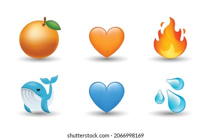 6 Emoticon aislado en fondo blanco. Ilustración de vectores aislados. Frutos anaranjados, llama de fuego, corazón anaranjado y azul, gota de agua, emoticono vector ballena azul Ilustración. 3d Conjunto de ilustraciones.