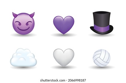 6 Emoticon isolated on White Background. Isolated Vector Illustration. Magic hat, cloud, white and violet heart, volleyball ball, devil vector emoji Illustration. 3d Illustration set.