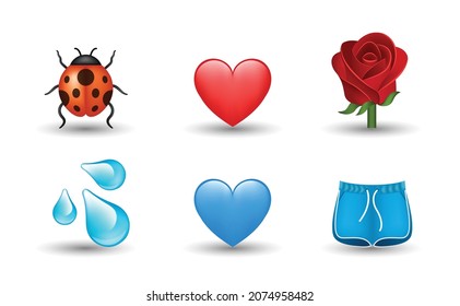 6 Emoticon aislado en fondo blanco. Ilustración de vectores aislados. gota de agua, rosa roja, corazón rojo y azul, mariquita, pantalones cortos vectores emoji Ilustración. 3d Conjunto de ilustraciones.