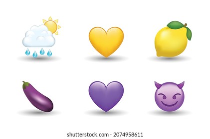 6 Emoticon isolated on White Background. Isolated Vector Illustration. Eggplant, cloud with sun and rain drop, yellow and violet heart, lemon, devil vector emoji Illustration. 3d Illustration set.