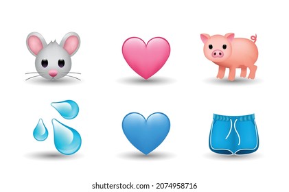 6 Emoticon isolated on White Background. Isolated Vector Illustration. Water drop, mouse, pink and blue heart, pig, shorts vector emoji Illustration. 3d Illustration set.