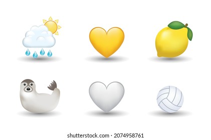 6 Emoticon isolated on White Background. Isolated Vector Illustration. Seal, cloud with sun and raindrop, yellow and white heart, lemon, volleyball ball vector emoji Illustration. 3d Illustration set.