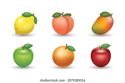 6 Emoticon isolated on White Background. Isolated Vector Illustration. Lemon, peach, mango, green and red apple, orange vector emoji Illustration. 3d Illustration set. Fruit set