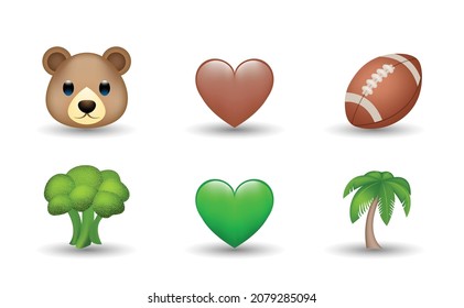 6 Emoticon isolated on White Background. Isolated Vector Illustration. Brown bear, rugby ball, yellow and brown heart, broccoli, palm tree vector emoji Illustration. 3d Illustration set.