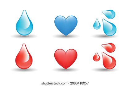 6 Emoticon Isolated On White Background. Isolated Vector Illustration. Blue Water Drop, Red Blood Drop, Blue And Red Heart Vector Emoji Illustration. 3d Illustration Set.