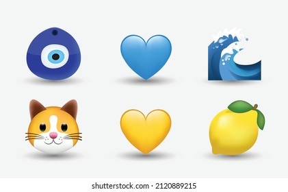 6 Emoticon Isolated On White Background. Isolated Vector Illustration. Fatima Eye, Evil Eye Protection Signs, Wave, Yellow And Blue Heart, Cat, Lemon Vector Emoji Illustration. 3d Illustration Set. 