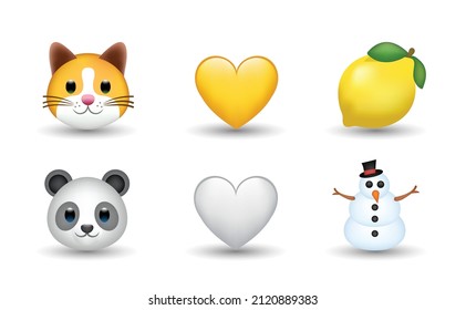 6 Emoticon Isolated On White Background. Isolated Vector Illustration. Cat, Lemon, White And Yellow Heart, Panda, Snowman Vector Emoji Illustration. 3d Illustration Set.