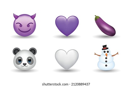 6 Emoticon isolated on White Background. Devil, eggplant, violet and white heart, panda, snowman vector emoji illustration. 3d Illustration set.