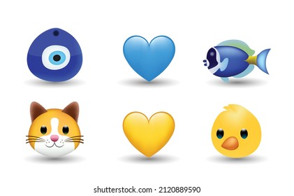 6 Emoticon isolated on White Background. Isolated Vector Illustration. Fatima eye, Evil eye protection signs, blue fish, yellow and blue heart, cat, chicken vector emoji illustration. 3d Illustration.