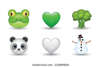 6 Emoticon isolated on White Background. Isolated Vector Illustration. Frog, broccoli, white and green heart, panda, snowman vector emoji illustration. 3d Illustration set.