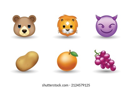 6 Emoticon isolated on White Background. Isolated Vector Illustration. Lion, brown bear, devil, potato, grapes, orange fruit vector emoji illustration. 3d Illustration set.