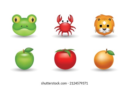 6 Emoticon isolated on White Background. Isolated Vector Illustration. Lion, frog, crab, green apple, tomato, orange fruit vector emoji illustration. 3d Illustration set.