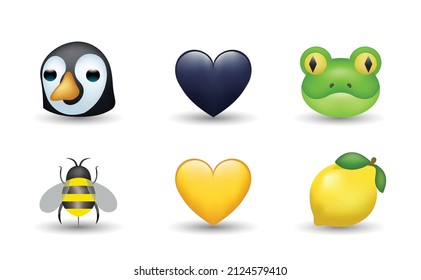 6 Emoticon Isolated On White Background. Isolated Vector Illustration. Pigeon, Frog, Yellow And Black Heart, Bee, Lemon Vector Emoji Illustration. 3d Illustration Set.