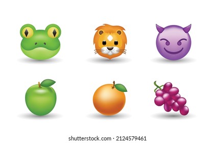 6 Emoticon isolated on White Background. Isolated Vector Illustration. Lion, frog, devil, green apple, grapes, orange fruit vector emoji illustration. 3d Illustration set.