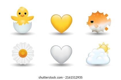 6 Emoticon isolated on White Background. Puffer fish, chicken with broken egg, white and yellow heart, Daisy, chamomile flower, cloud with sun vector emoji illustration. 3d Illustration set.