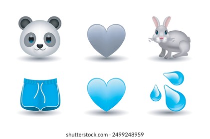 6 Emoticon isolated on white background. Blue and gray heart, panda, rabbit, blue shorts and water drop vector emoji Illustration. 3d Illustration set.