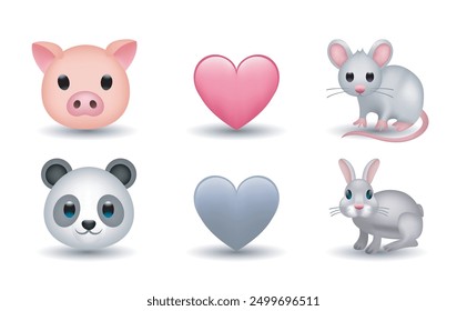 6 Emoticon aislado sobre fondo blanco. Corazón rosa y gris, panda, conejo, cerdo y ratón Vector emoji ilustración. Conjunto de ilustración 3d.