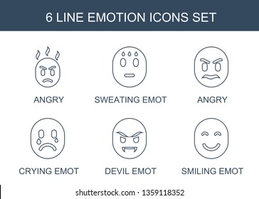 6 emotion icons. Trendy emotion icons white background. Included line icons such as angry, sweating emot, crying emot, devil emot, smiling emot. emotion icon for web and mobile.